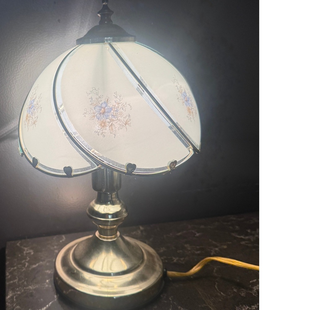 Vintage Brass Floral Touch Lamp Frosted Glass Heart Detail Blue Flowers 14.5"